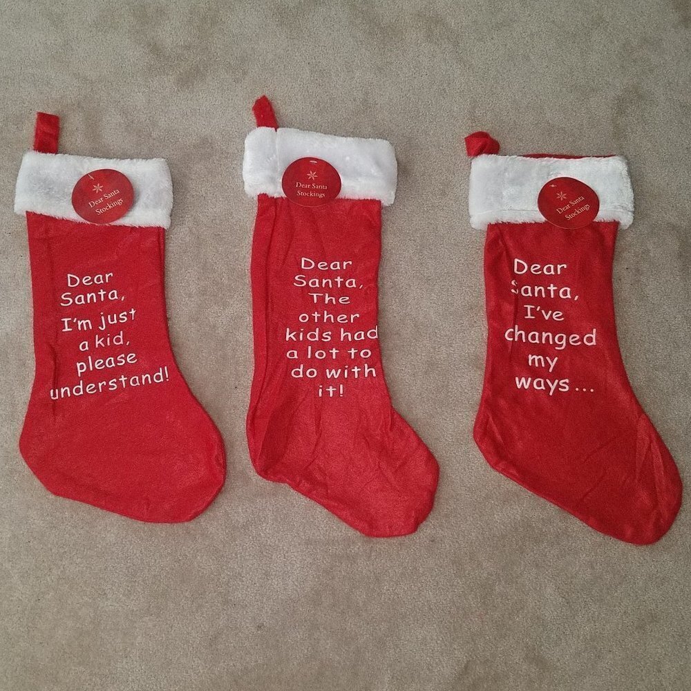 NWT 3 Dear Santa Red Felt Christmas Stocking Lot Novelty Joke Gift Changed